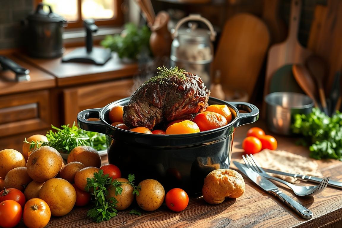 Do potatoes go on top or bottom of pot roast?