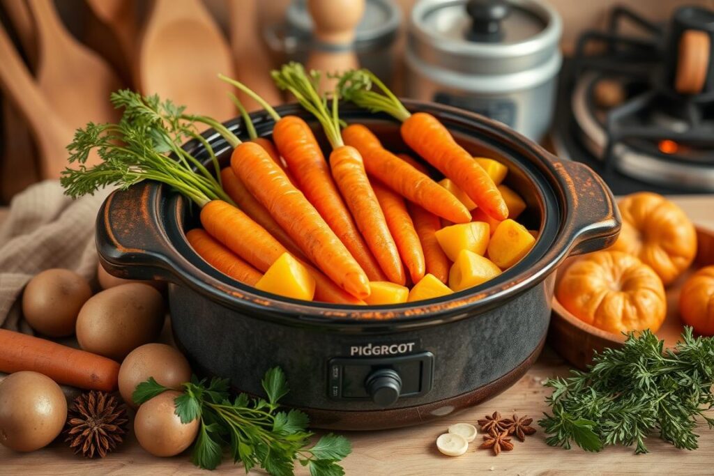 When should I add my potatoes and carrots to the crock pot?